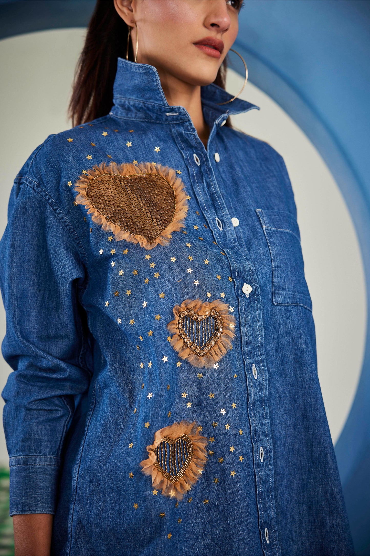 Crystal Cascade Denim Shirt